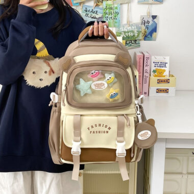 Transparent Color-Block Backpack for Students – Large Capacity Trendy School Bag