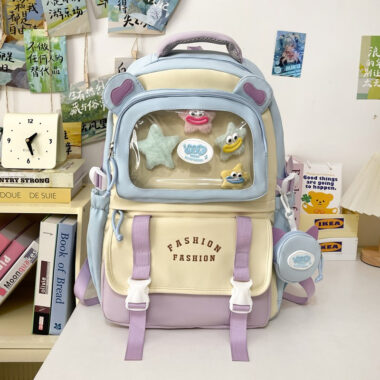 Transparent Color-Block Backpack for Students – Large Capacity Trendy School Bag