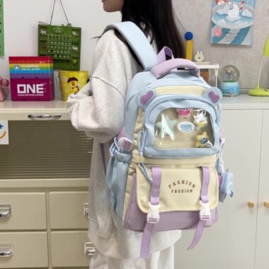 Transparent Color-Block Backpack for Students – Large Capacity Trendy School Bag